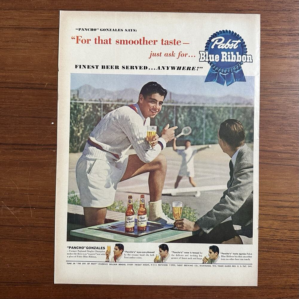 1950 Pabst Blue Ribbon Beer Featuring Pancho Gonzales Vintage Print Ad